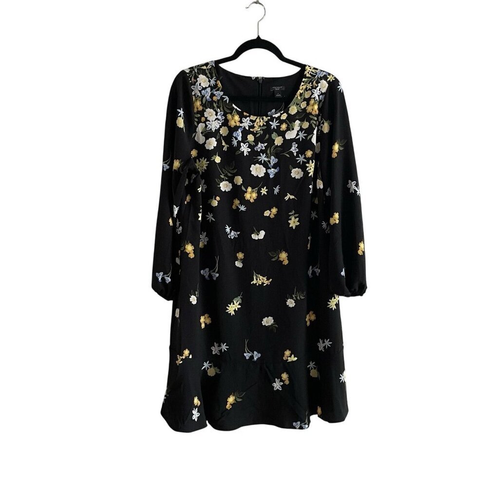 Ann Taylor Factory Petite Women LP Black Floral Long Sleeve Flounce Shift Dress